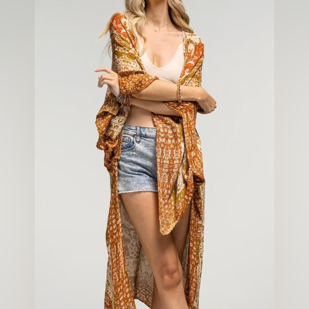 LOVESTITCH Boho Kimono in Rust Orange and Olive Green